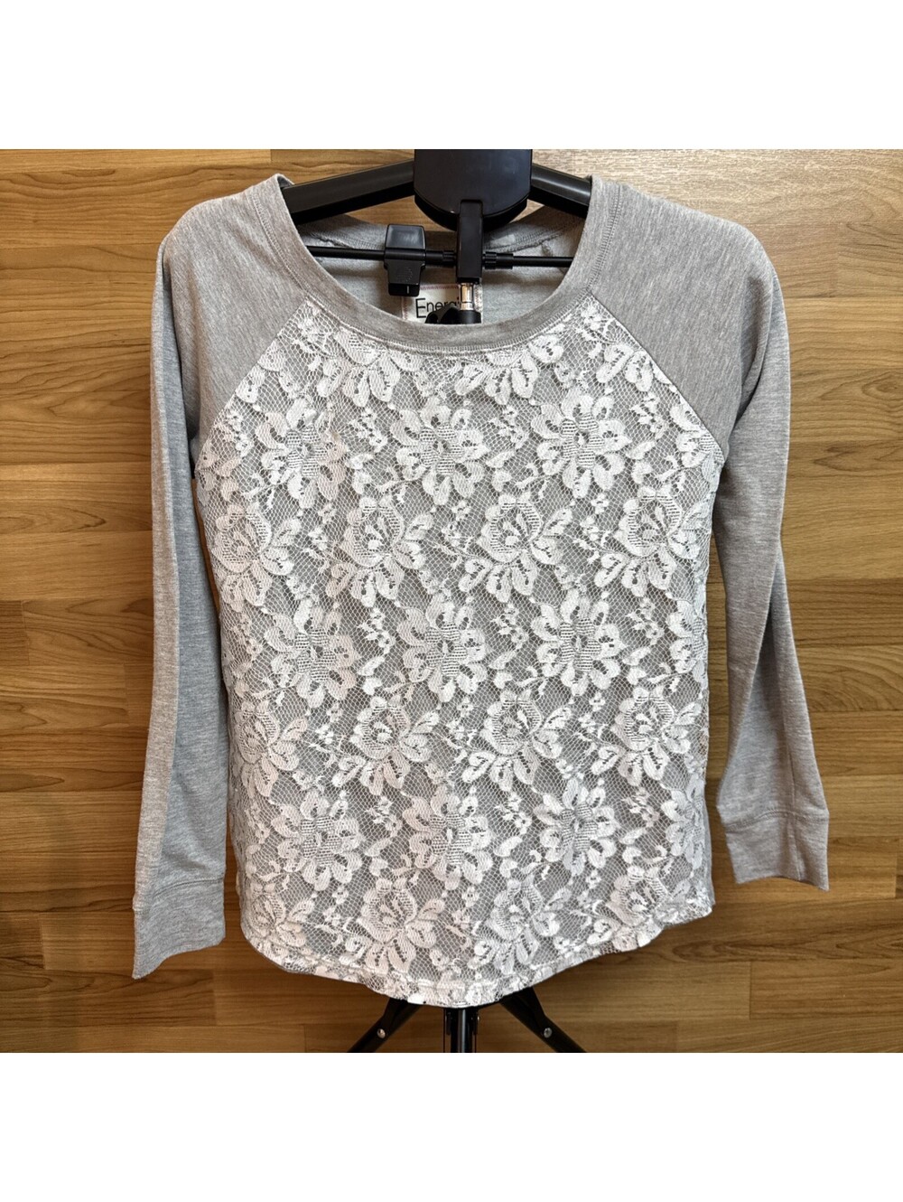 Energie Heather Gray Lace Panel Sweatshirt M Romantic Casual Top